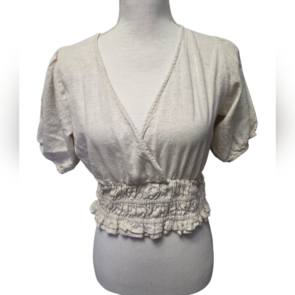 Sim & Sam Linen Cream Beige Low Cut Crop Top with Poofy Sleeves